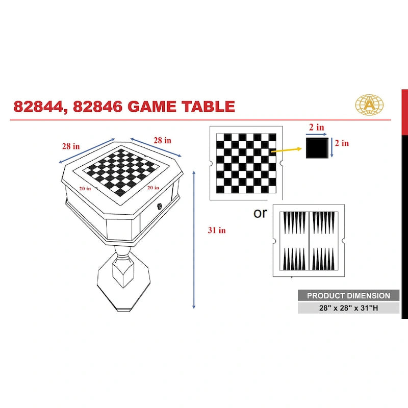 Table de jeu carrée 3-en-1 avec plateau d'échecs réversible et tiroirs de rangement