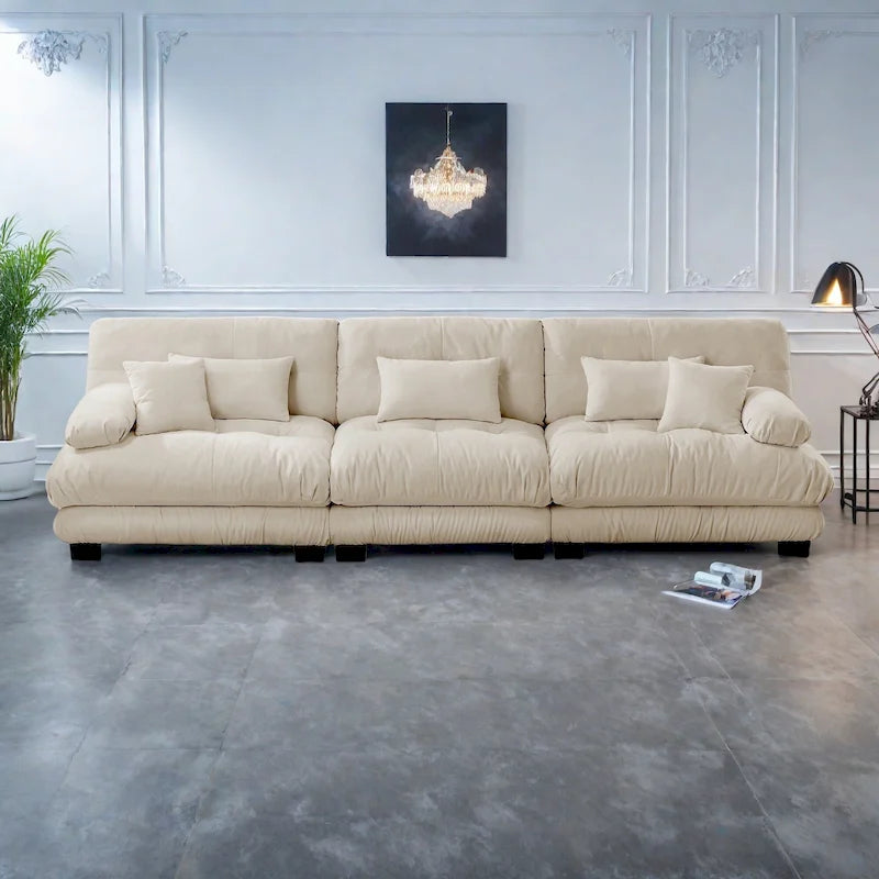 Canapé 4 places en chenille avec accoudoirs cylindriques et coussins d'assise profonds