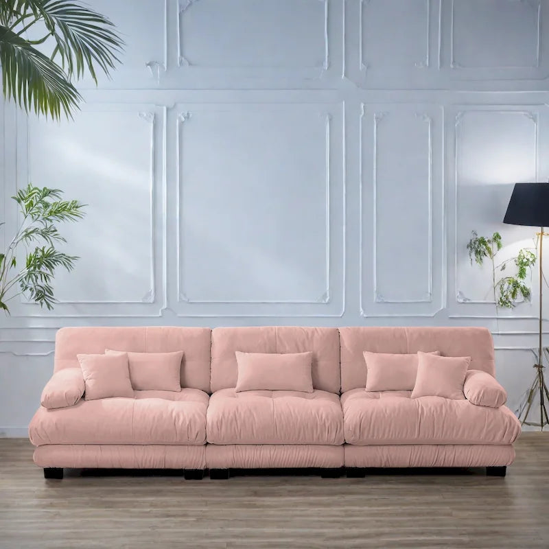 Canapé 4 places en chenille avec accoudoirs cylindriques et coussins d'assise profonds