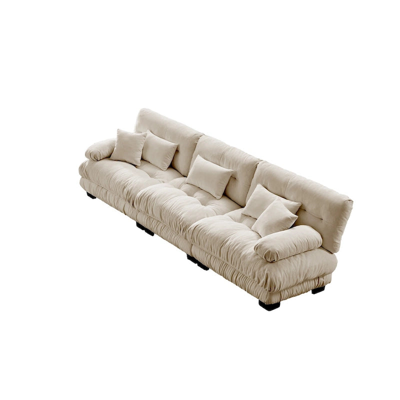 Canapé 4 places en chenille avec accoudoirs cylindriques et coussins d'assise profonds