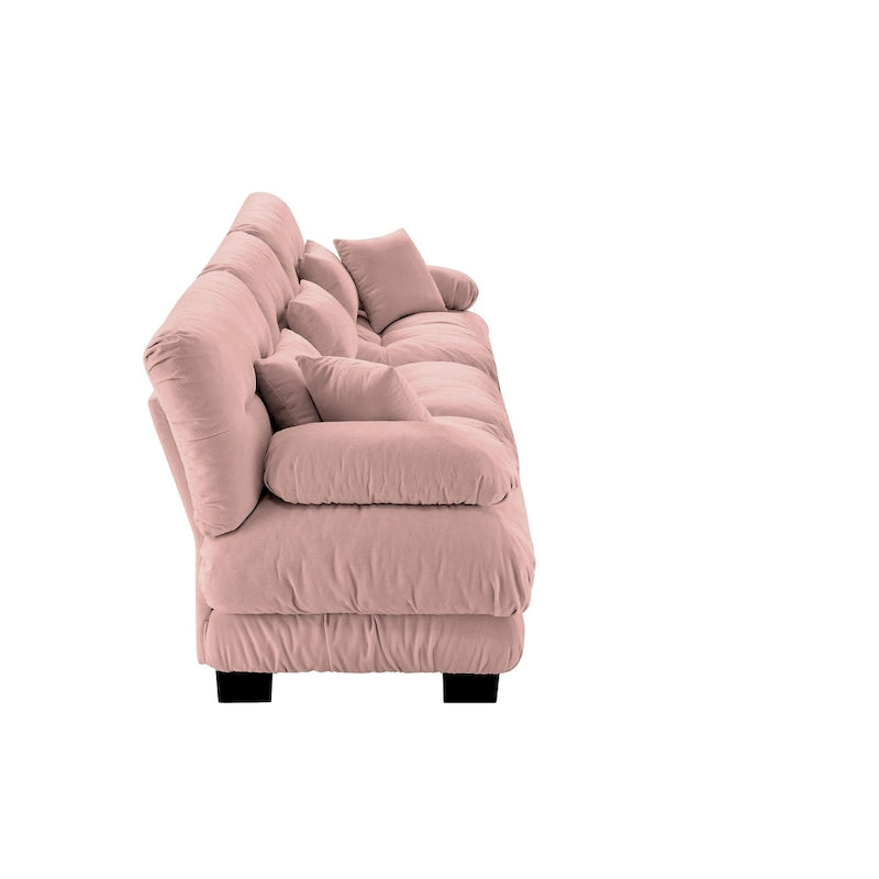 Canapé 4 places en chenille avec accoudoirs cylindriques et coussins d'assise profonds