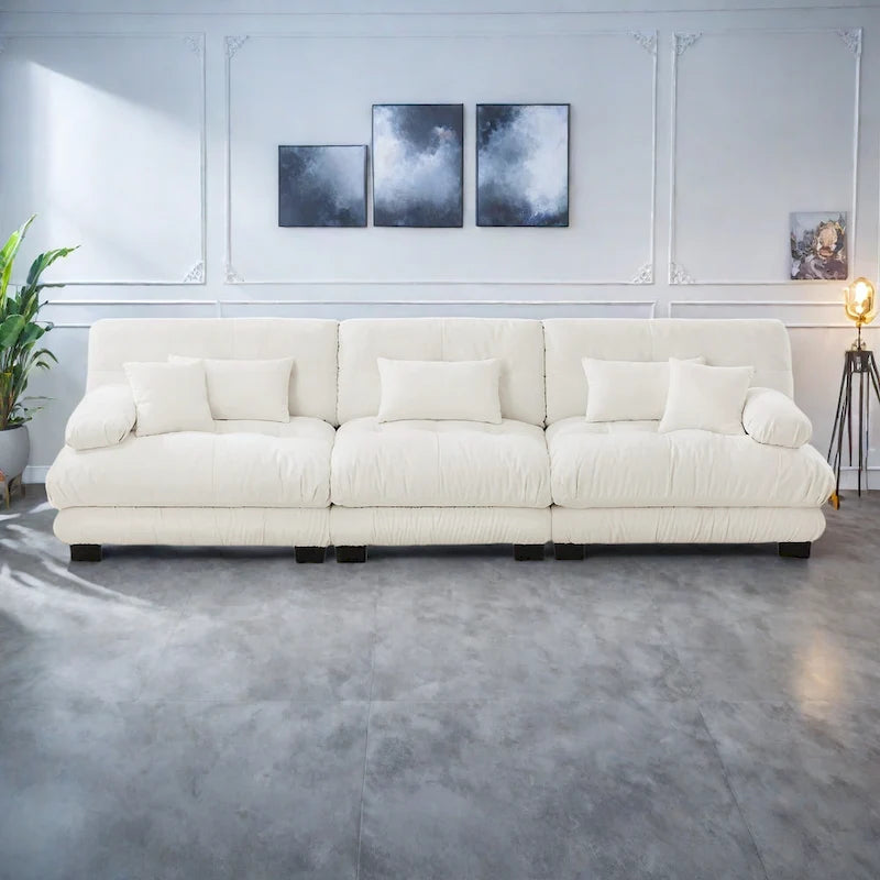 Canapé 4 places en chenille avec accoudoirs cylindriques et coussins d'assise profonds
