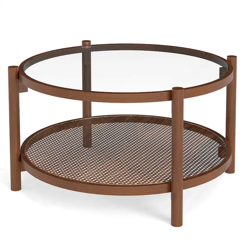 Table basse de ferme ronde avec plateau en verre trempé et étagère en rotin