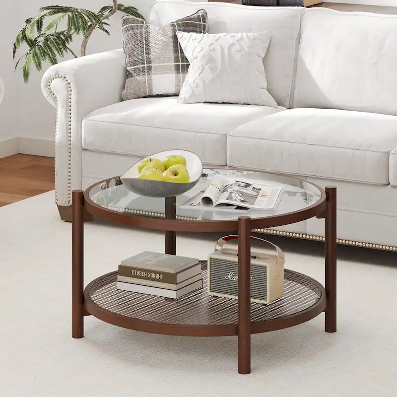 Table basse de ferme ronde avec plateau en verre trempé et étagère en rotin