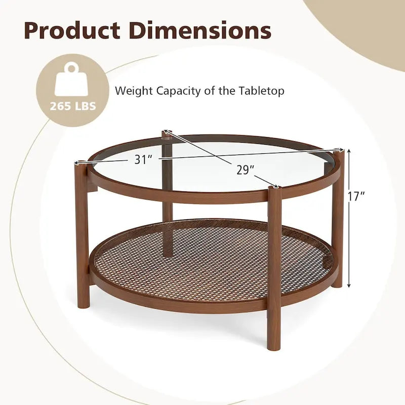 Table basse de ferme ronde avec plateau en verre trempé et étagère en rotin