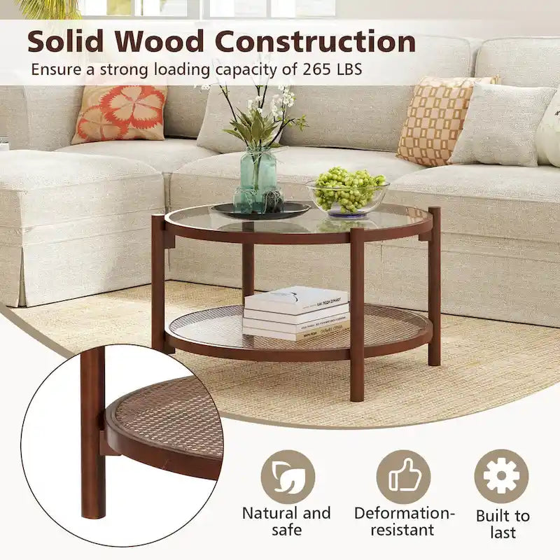 Table basse de ferme ronde avec plateau en verre trempé et étagère en rotin