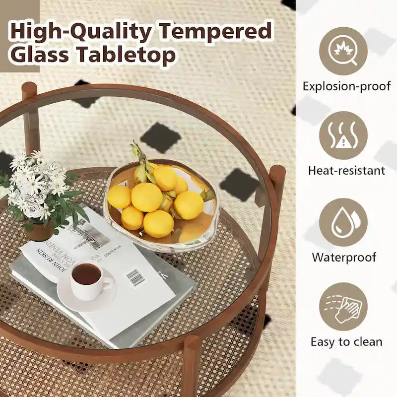 Table basse de ferme ronde avec plateau en verre trempé et étagère en rotin