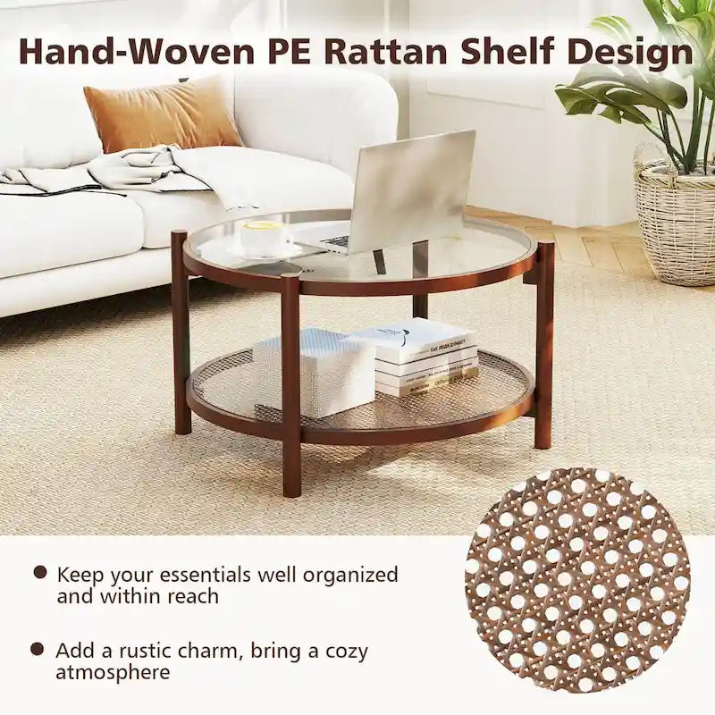 Table basse de ferme ronde avec plateau en verre trempé et étagère en rotin