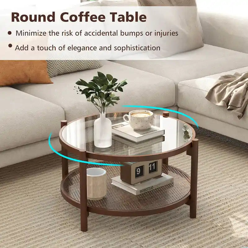 Table basse de ferme ronde avec plateau en verre trempé et étagère en rotin
