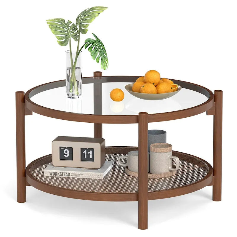 Table basse de ferme ronde avec plateau en verre trempé et étagère en rotin