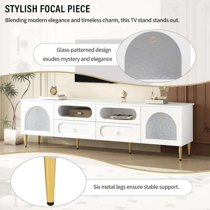Meuble TV et console média de style rétro avec portes en verre, 4 tiroirs et pieds en métal