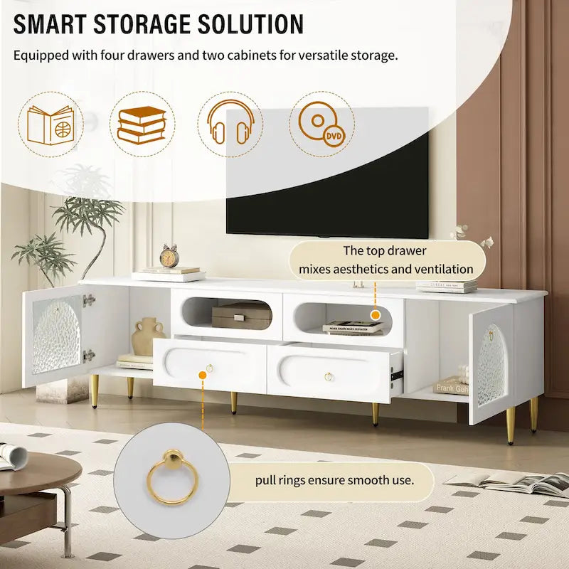 Meuble TV et console média de style rétro avec portes en verre, 4 tiroirs et pieds en métal