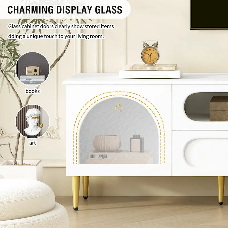 Meuble TV et console média de style rétro avec portes en verre, 4 tiroirs et pieds en métal