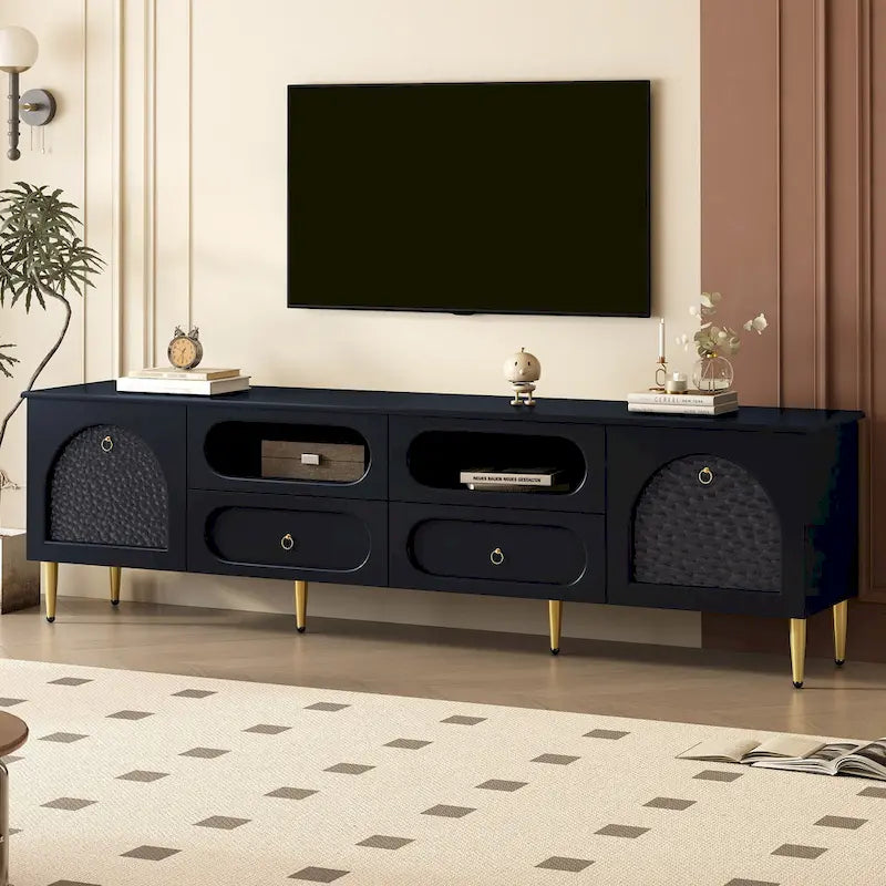 Meuble TV et console média de style rétro avec portes en verre, 4 tiroirs et pieds en métal