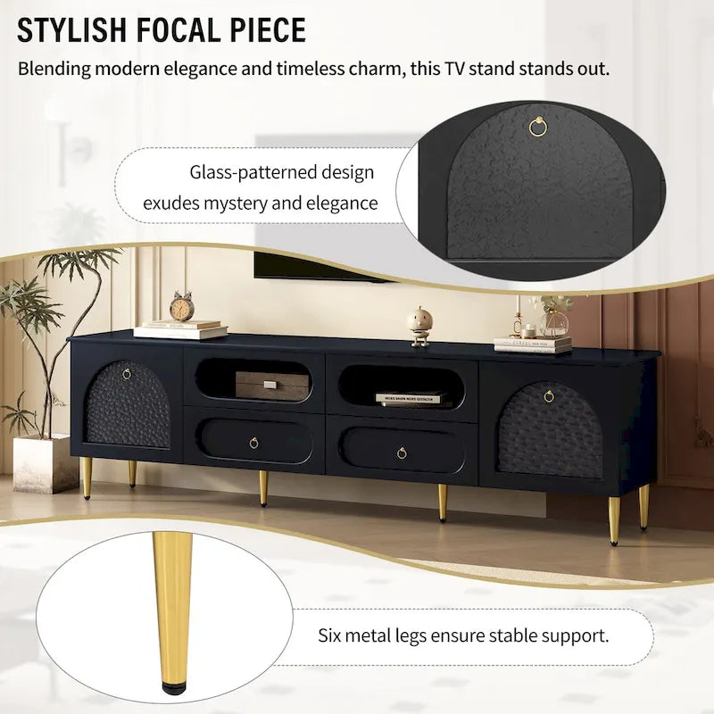 Meuble TV et console média de style rétro avec portes en verre, 4 tiroirs et pieds en métal