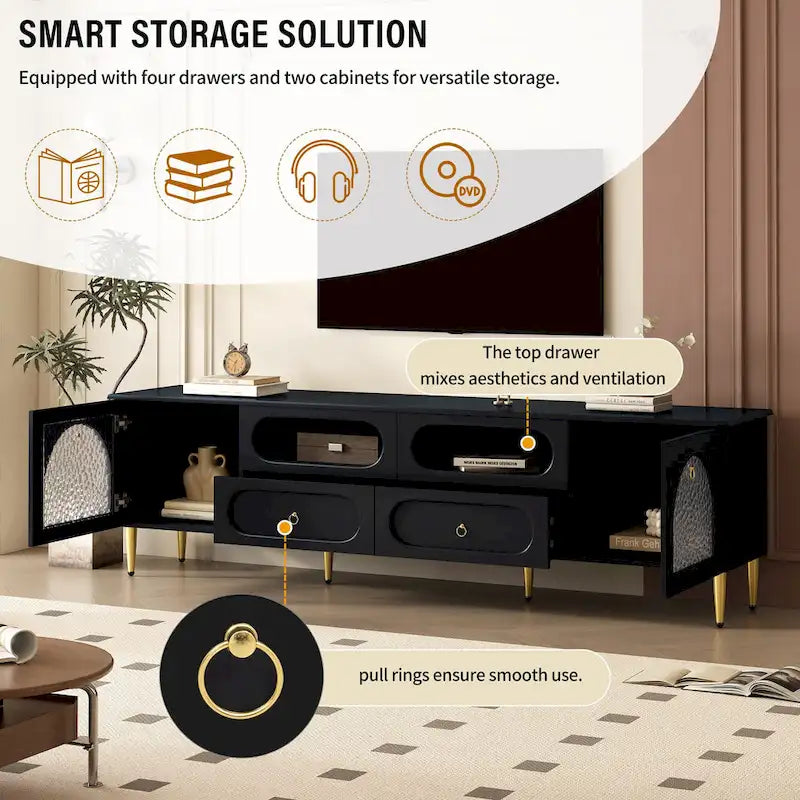 Meuble TV et console média de style rétro avec portes en verre, 4 tiroirs et pieds en métal