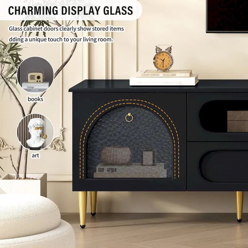 Meuble TV et console média de style rétro avec portes en verre, 4 tiroirs et pieds en métal