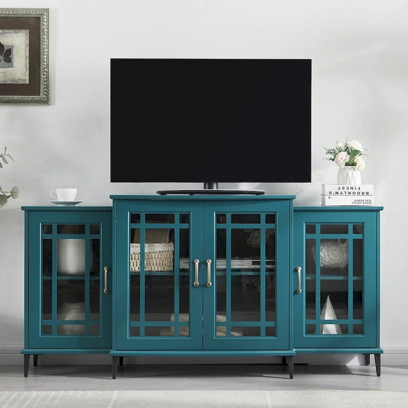 Meuble de rangement bleu sarcelle de 157 cm avec portes en verre trempé et étagères réglables