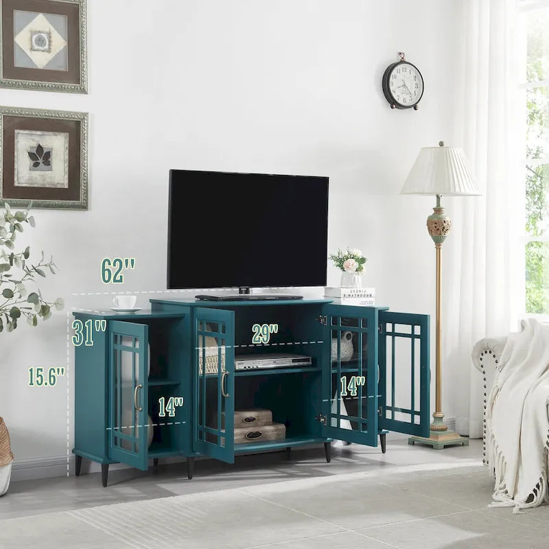 Meuble de rangement bleu sarcelle de 157 cm avec portes en verre trempé et étagères réglables