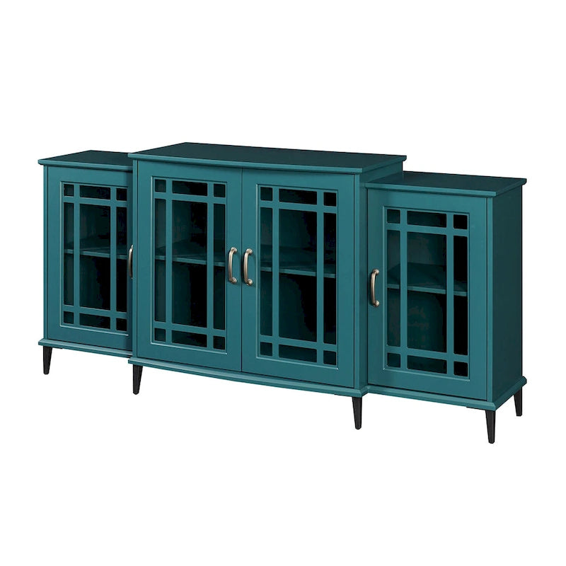 Meuble de rangement bleu sarcelle de 157 cm avec portes en verre trempé et étagères réglables