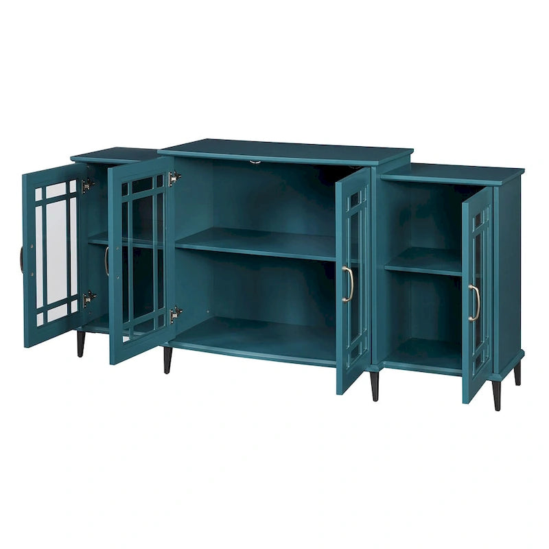Meuble de rangement bleu sarcelle de 157 cm avec portes en verre trempé et étagères réglables