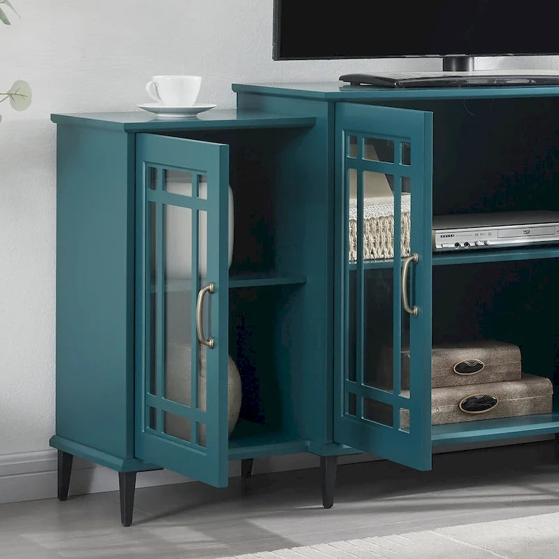 Meuble de rangement bleu sarcelle de 157 cm avec portes en verre trempé et étagères réglables