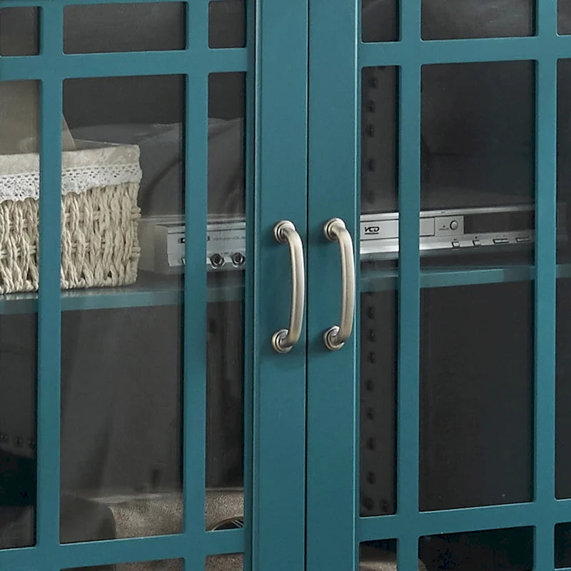 Meuble de rangement bleu sarcelle de 157 cm avec portes en verre trempé et étagères réglables