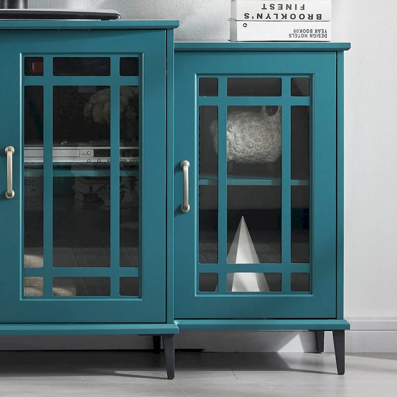 Meuble de rangement bleu sarcelle de 157 cm avec portes en verre trempé et étagères réglables