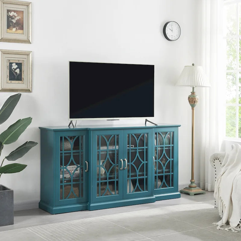 Meuble TV 157 cm avec portes en verre, grand plateau et étagères réglables – Bleu sarcelle