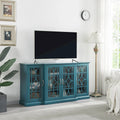 Meuble TV 157 cm avec portes en verre, grand plateau et étagères réglables – Bleu sarcelle