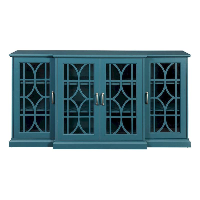 Meuble TV 157 cm avec portes en verre, grand plateau et étagères réglables – Bleu sarcelle