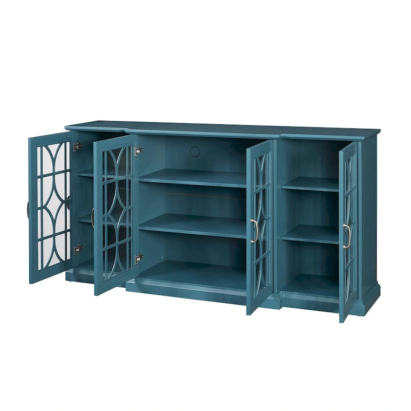 Meuble TV 157 cm avec portes en verre, grand plateau et étagères réglables – Bleu sarcelle