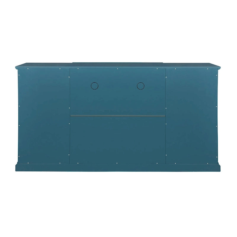 Meuble TV 157 cm avec portes en verre, grand plateau et étagères réglables – Bleu sarcelle