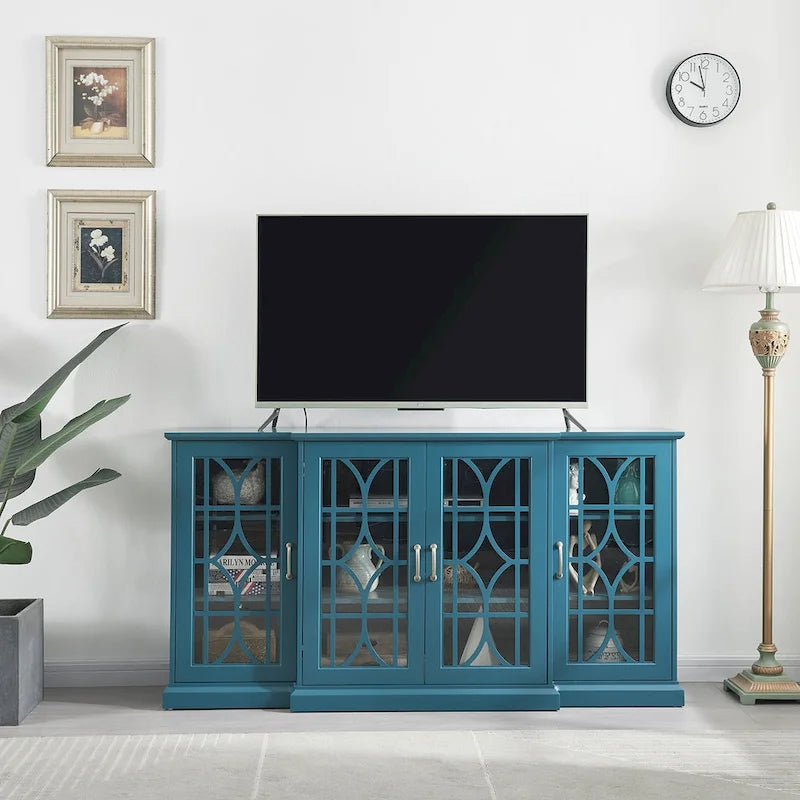 Meuble TV 157 cm avec portes en verre, grand plateau et étagères réglables – Bleu sarcelle