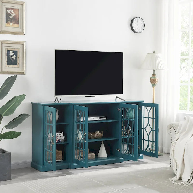 Meuble TV 157 cm avec portes en verre, grand plateau et étagères réglables – Bleu sarcelle