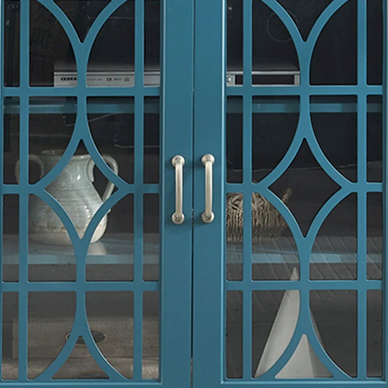 Meuble TV 157 cm avec portes en verre, grand plateau et étagères réglables – Bleu sarcelle