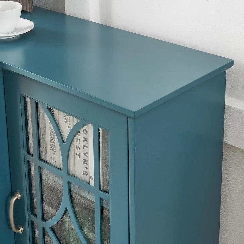 Meuble TV 157 cm avec portes en verre, grand plateau et étagères réglables – Bleu sarcelle
