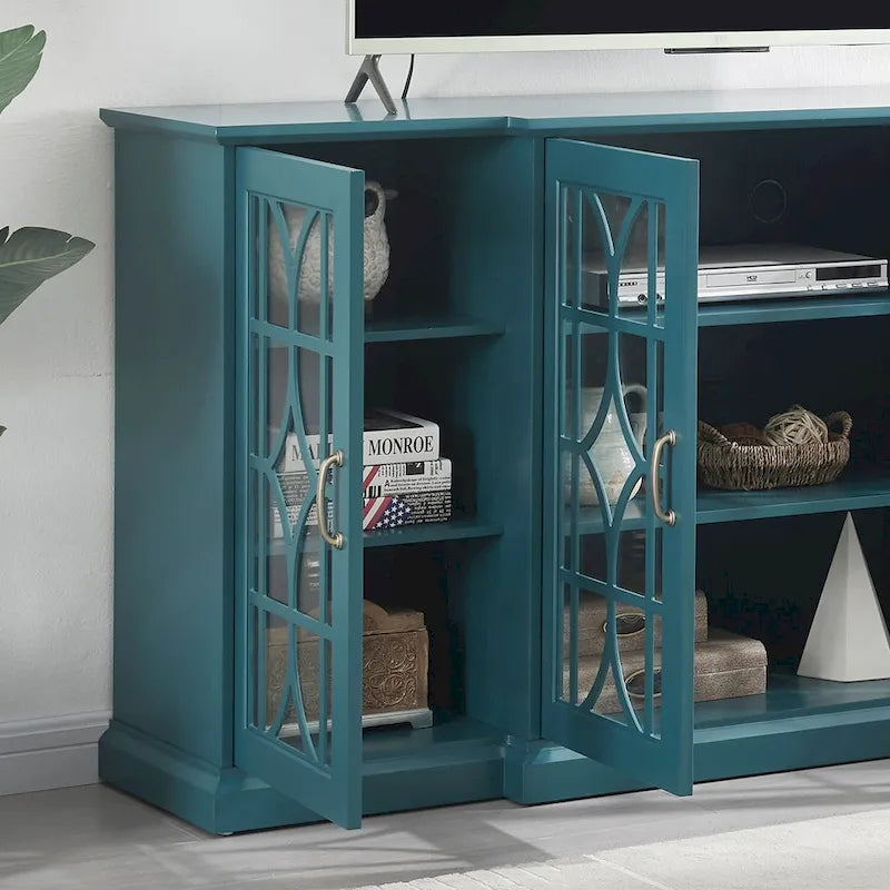 Meuble TV 157 cm avec portes en verre, grand plateau et étagères réglables – Bleu sarcelle