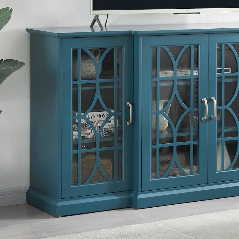Meuble TV 157 cm avec portes en verre, grand plateau et étagères réglables – Bleu sarcelle