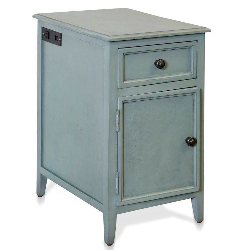 Table d'appoint vieillie couleur écume de mer avec tiroir, porte d'armoire et prises USB intégrées