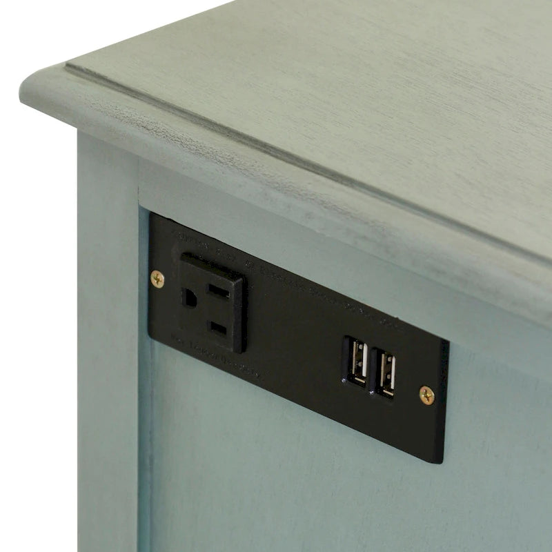 Table d'appoint vieillie couleur écume de mer avec tiroir, porte d'armoire et prises USB intégrées
