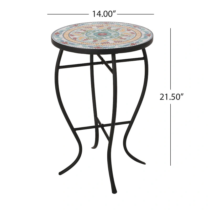 Table d'appoint avec plateau en mosaïque et cadre en fer incurvé