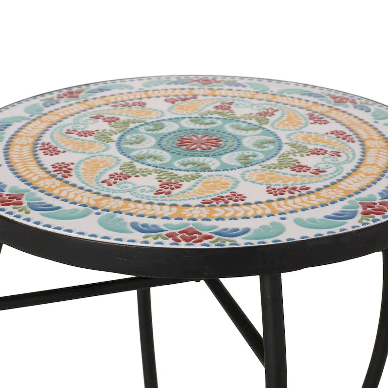 Table d'appoint avec plateau en mosaïque et cadre en fer incurvé