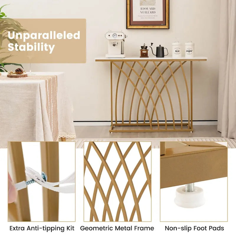 Console en Faux Marbre de 48" avec Cadre en Métal Doré | Meuble d'Appoint Moderne pour Entrée