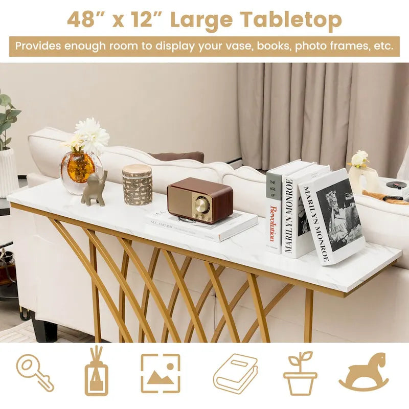 Console en Faux Marbre de 48" avec Cadre en Métal Doré | Meuble d'Appoint Moderne pour Entrée