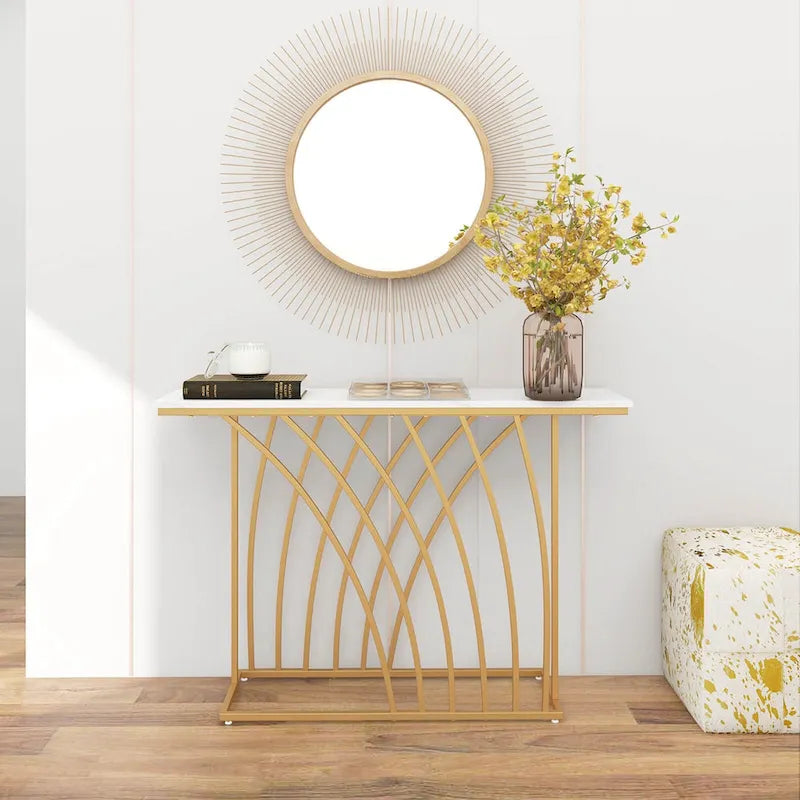 Console en Faux Marbre de 48" avec Cadre en Métal Doré | Meuble d'Appoint Moderne pour Entrée
