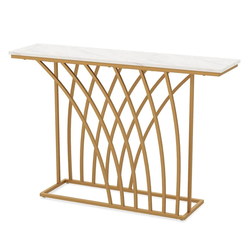 Console en Faux Marbre de 48" avec Cadre en Métal Doré | Meuble d'Appoint Moderne pour Entrée