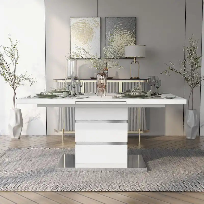 Table à manger extensible blanche avec pied central chromé