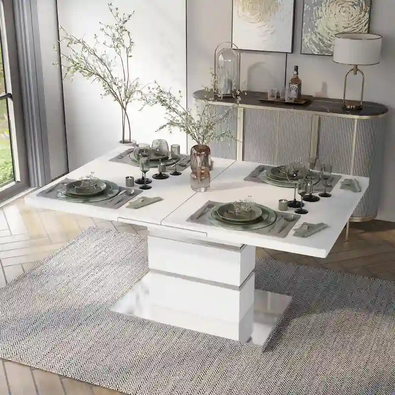 Table à manger extensible blanche avec pied central chromé