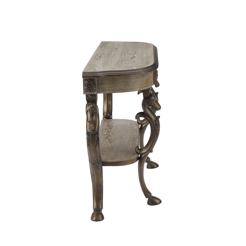 Console de style antique avec piètement en fer forgé en forme de pattes de cheval